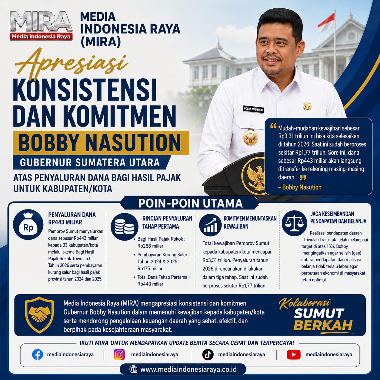 MIRA APRESIASI KONSISTENSI DAN KOMITMEN BOBBY NASUTION SOAL BAGI HASIL PAJAK