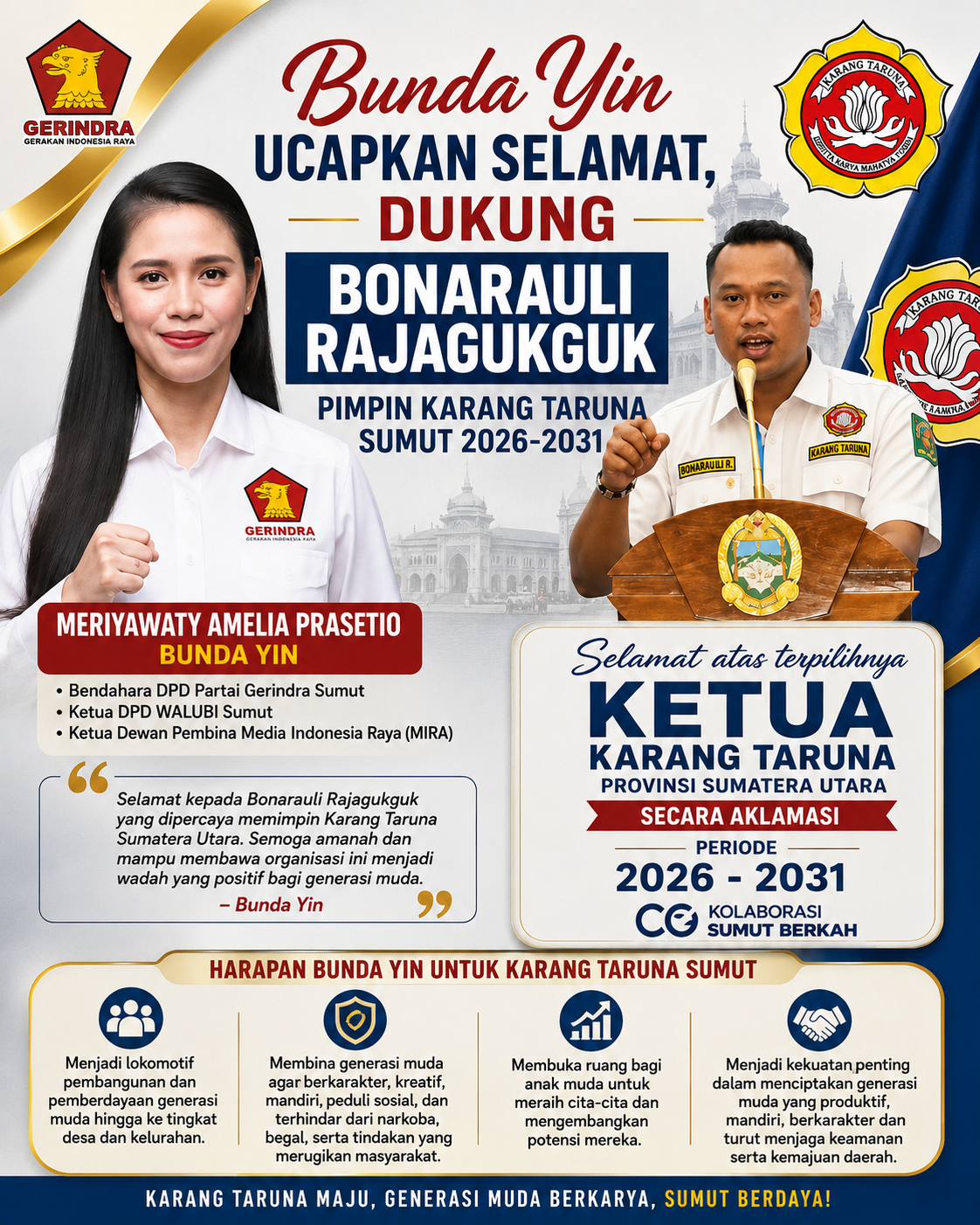 Bunda Yin Ucapkan Selamat, Dukung Bonarauli Rajagukguk Pimpin Karang Taruna Sumut 2026-2031