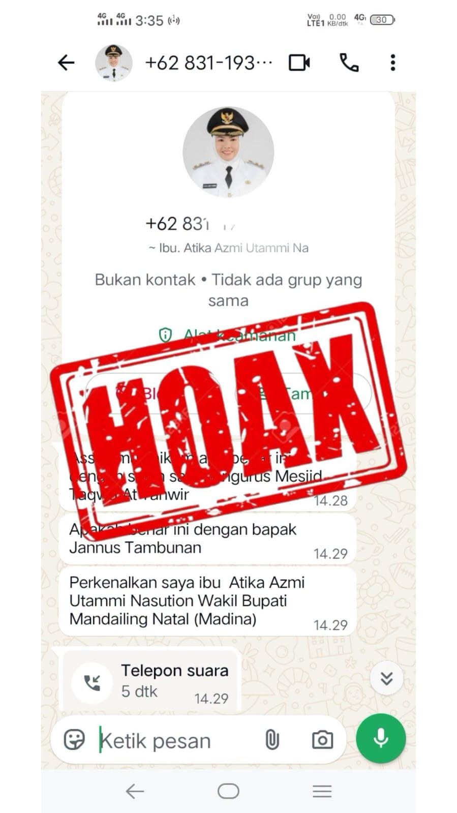 Waspada Penipuan Mengatasnamakan Wakil Bupati Madina ,Masyarakat Diminta Tidak Terpengaruh