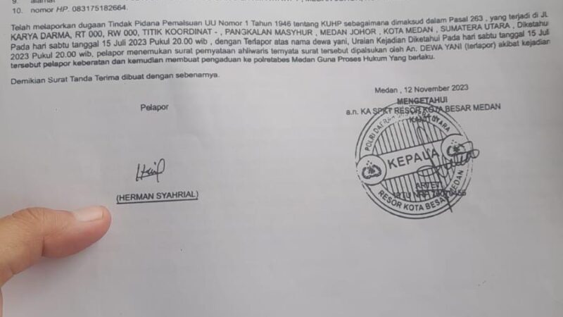 Mandek 3 Tahun, Penyidik Polresta Medan diduga Minta Uang Saksi Ahli Rp3-5 Juta