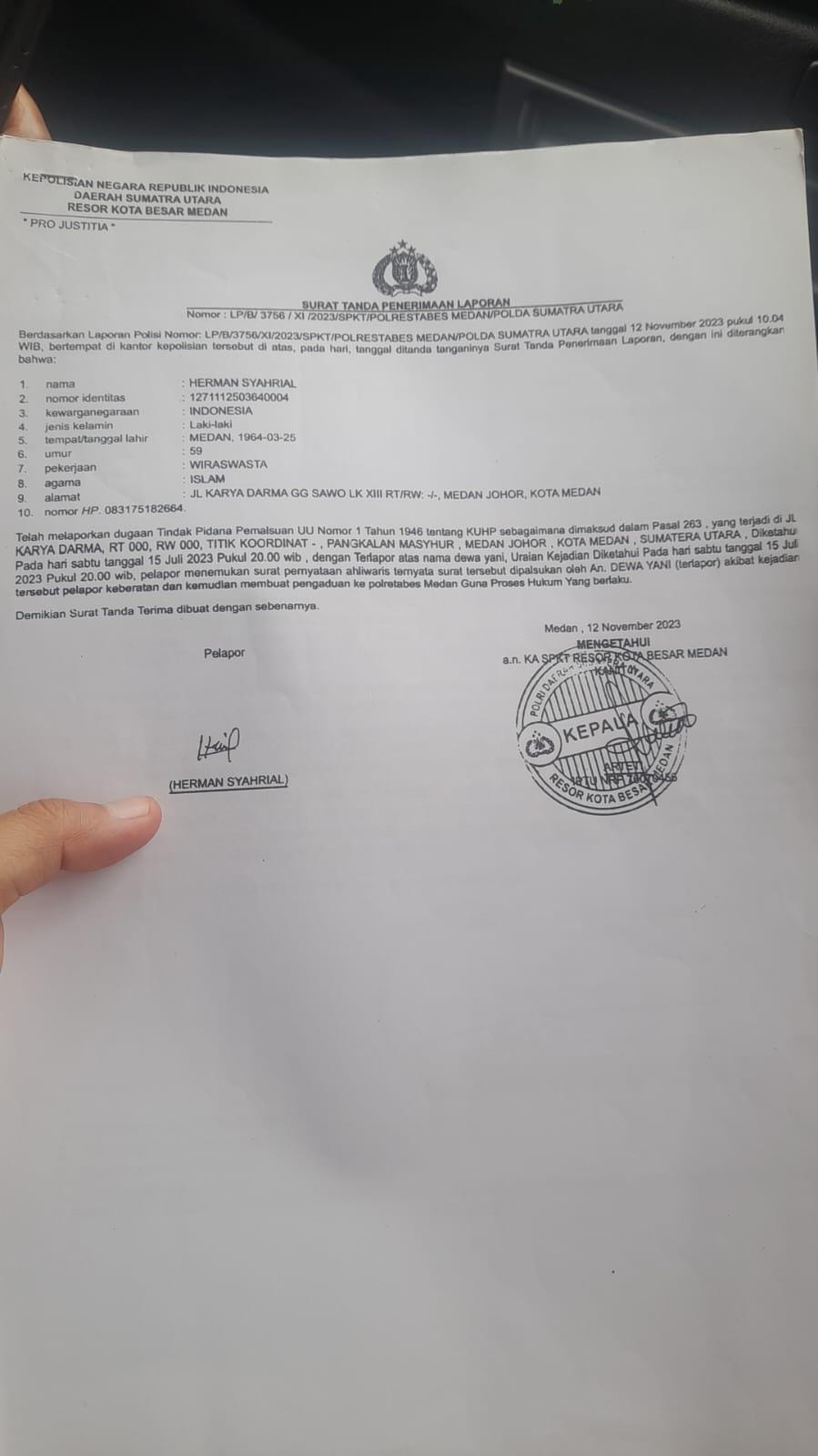 Mandek 3 Tahun, Penyidik Polresta Medan diduga Minta Uang Saksi Ahli Rp3-5 Juta